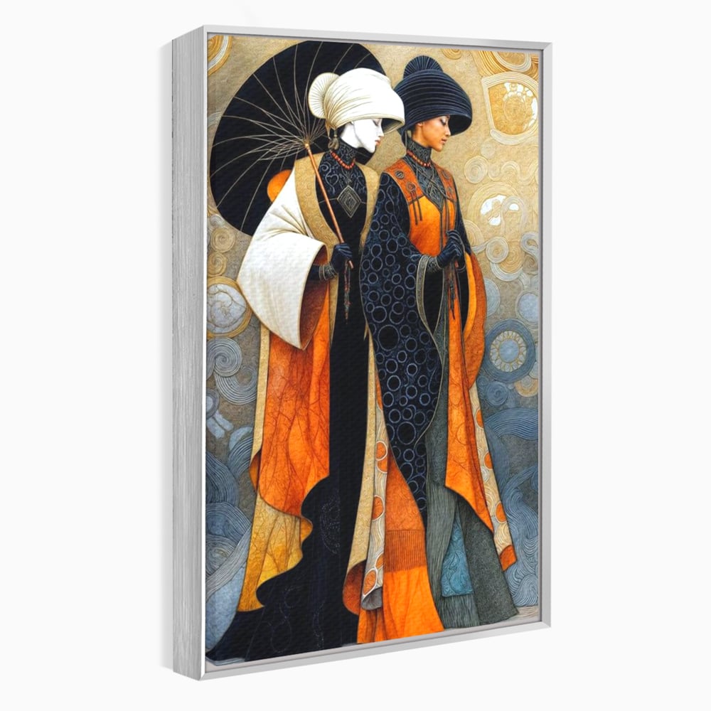 Tablou canvas cu tablou canvas cu doua femei asiatice stilizate, in rama de aluminiu argintiu